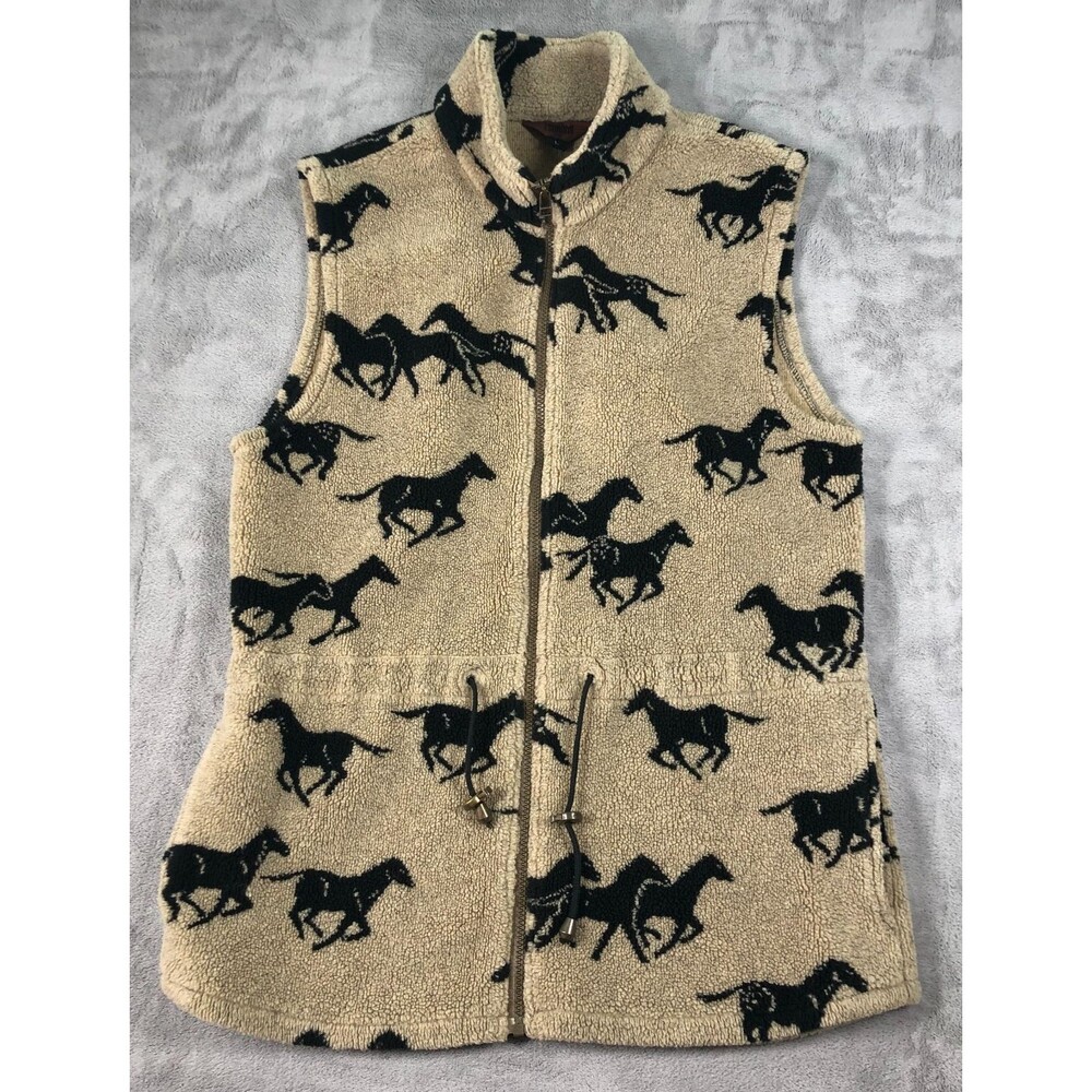 Tsunami Sport Fleece Vest Womens Large Tan Black Horses Western Rodeo Equestrian